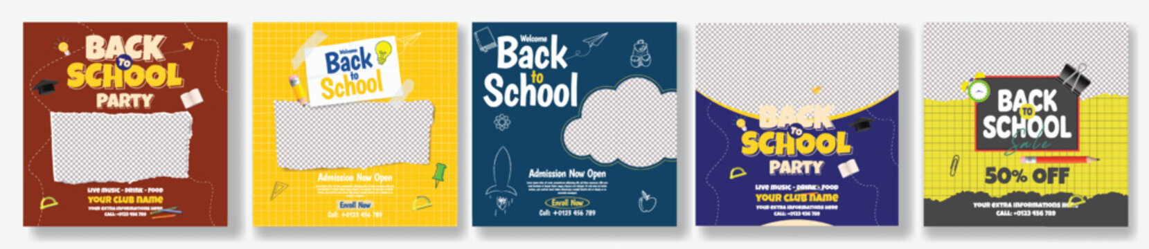Back To School Social Media Posts And Square Flyer Bundle With School Admission Banner Set, Education Promotion Templates, Online Learning Web Banners, Classroom Event Advertising Designs collections