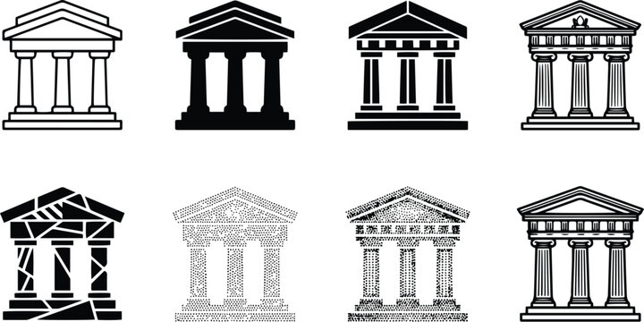 Black and white classical building icon variations with columns pediment and architecture symbols for bank museum law government design projects