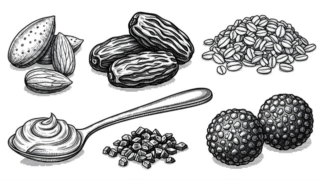 Natural Energy Snack Ingredients Engraving Hand Drawn Vintage Set