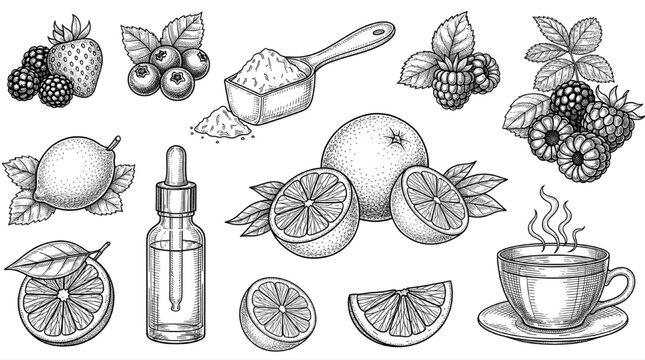 Collagen Beauty Drink Engraving Set Hand Drawn Botanical Sketch
