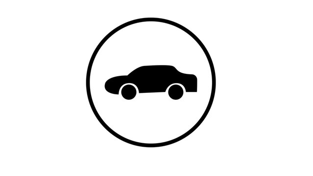 Car icon sits centered inside a bold black circular frame to signify road traffic, parking regulations, or automotive services within a clear and concise visual communication sign system for public.