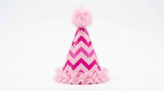 Pink Chevron Party Hat with Pom-pom and Ruffles Isolated on White Background