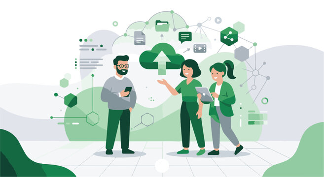 Two people discussing cloud storage and data transfer with digital icons