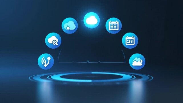 Technology icons floating above a glowing blue circle on a dark background.