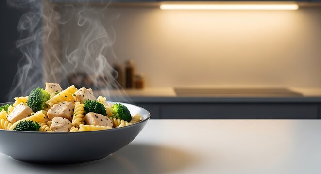 Steaming bowl of chicken broccoli ziti served in a kitchen setting with a focus on fresh ingredients and healthy home cooking for a delicious dinner meal