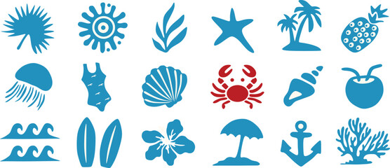 Fototapeta premium comprehensive set of minimalist summer icons including palm trees, surfboard, anchor, crab, and starfish. two tone blue and red silhouette designs perfect for beach branding, travel apps, and nautical