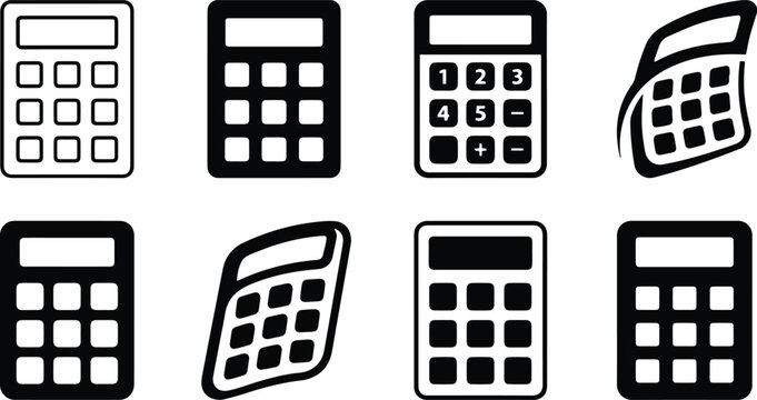 Black and white calculator icon variations with numeric keypad display for accounting finance budgeting mathematics tax education and business design