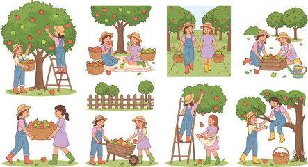 Fototapeta premium Happy children picking fresh red and green apples in orchard vector set garden harvest farm activities flat illustration