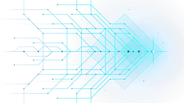 Digital network flow with light blue connections and nodes during data transmission concept