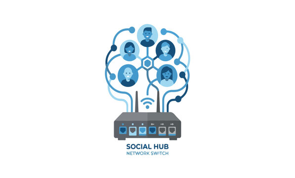 Stylized social hub icon representing network switch with connected people