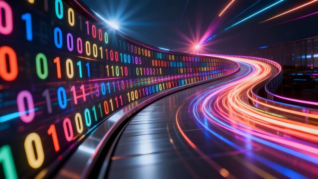 Colorful binary code and light trails