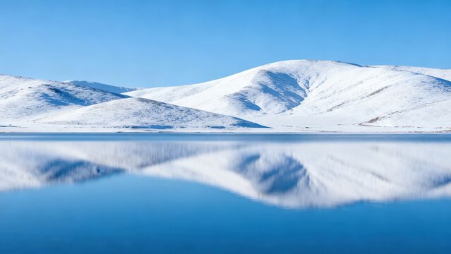 Snowy mountains and calm lake reflection