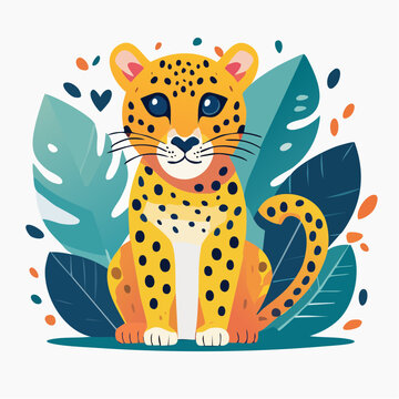 Cute Cartoon Cheetah Sitting Among Tropical Leaves