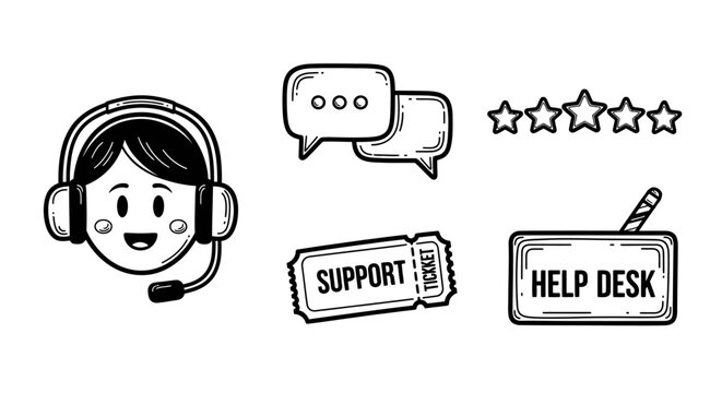 Set of icons representing customer support, including a happy person with headphones, chat bubbles, support ticket, star rating, and help desk sign