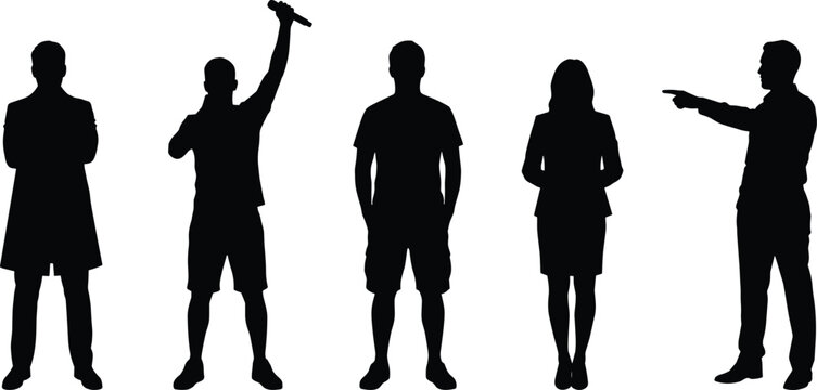Silhouetted figures performing various arm movements in black silhouette people arms raised d