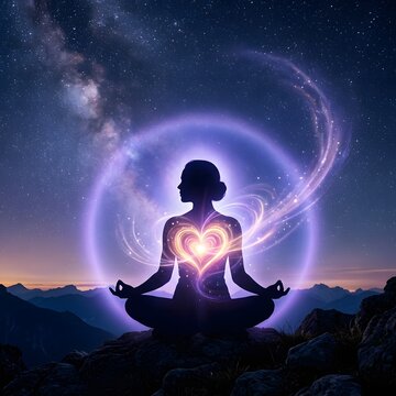 Meditative Silhouette With Glowing Heart Energy and Violet Aura Radiating Spiritual Calm