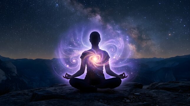 Meditative Silhouette With Glowing Heart Energy and Violet Aura Radiating Spiritual Calm