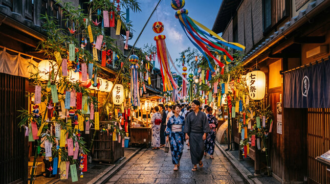 Evening ambiance during Tanabata Festival in Japan, with colorful streamers and lanterns adorning bamboo, celebrating the summer star event under a clear sky