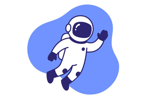 Astronaut cartoon clipart in space on purple blue organic shape with waving hand and white suit helmet minimal drawing vector on transparent background