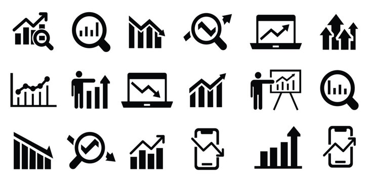 Business data analysis icons set, financial growth and decline charts, 18 black vector pictograms for marketing reports and statistics dashboards