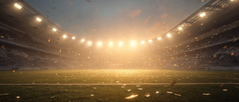 A wide stadium view at evening with golden lighting over the field, symbolizing a soccer championship win moment.