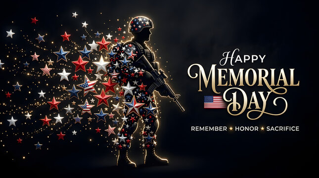Graphic illustration of a soldier composed of stars and stripes, with 'happy memorial day' text