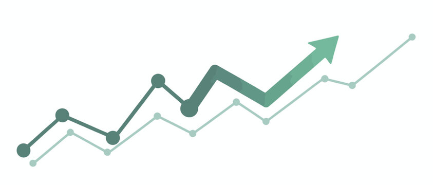 Green upward trending line graph with dots and arrow showing financial growth, vector illustration