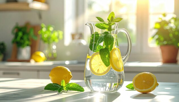 Refreshing pitcher of lemonade with fresh mint and lemon slices on a sunlit kitchen counter