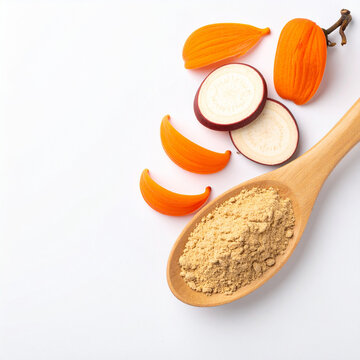 Top view of Butea Superba herbal powder in a wooden spoon, set on a clean white background. This flat lay features fresh root slices and a bright orange flower. It represents natural male wellness