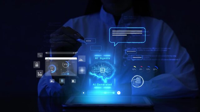 Businesswoman workspace with Digital Interfaces Showcasing AI Agents , AI Generated and Data Analytics on digital tablet Representing Technology and Innovation in Business Gluon