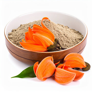 This image features a glass bowl filled with vibrant orange Butea Superba powder, set against a crisp white background. Fresh, bright orange flowers and lush green leaves are arranged elegantly in fro