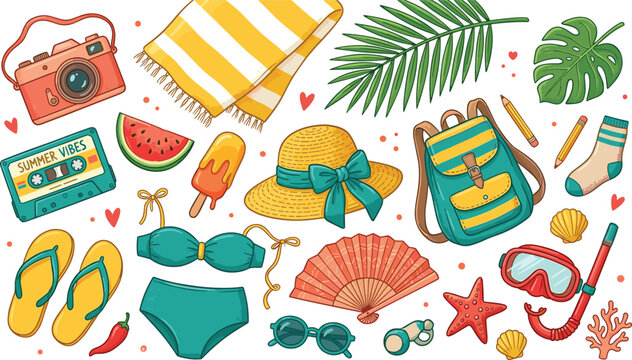 Summer beach vacation vector element set with camera swimsuit backpack sunglasses palm leaves and snorkel isolated on white background