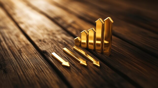 Golden arrows showing upward and downward trends on a wooden surface.