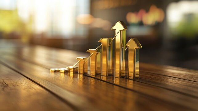 Golden upward trend graph on wooden table showing growth and success.