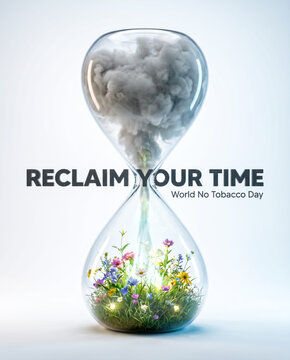 Conceptual image showing an hourglass transitioning from gray cigarette smoke to a vibrant blooming wildflower garden.