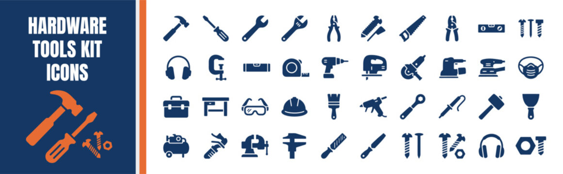 Hardware tools kit icons set including hammer screwdriver wrench saw and pliers.