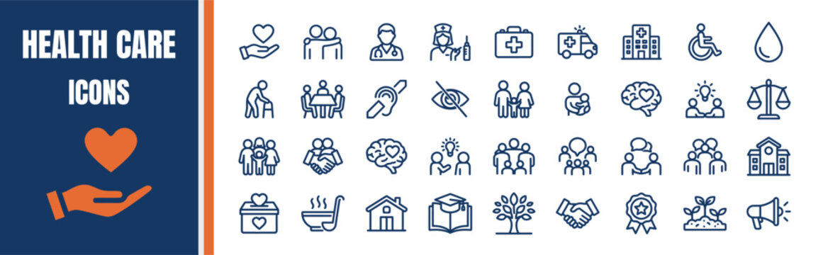 Health care icons set for medical services family support and community nursing.