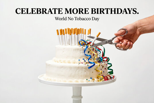 Postcard birthday cake with cigarette candles and scissors Celebrate More Birthdays World No Tobacco Day.