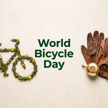 Postcard moss bicycle with leather gloves and brass bell for World Bicycle Day.