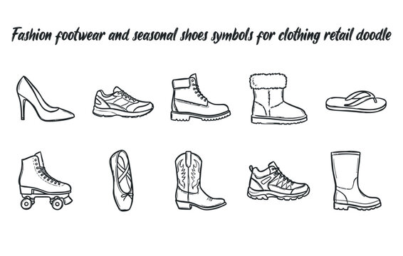 Fashion footwear and seasonal shoes symbols for clothing retail doodle