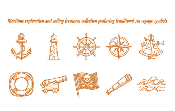 Maritime exploration and sailing treasures collection featuring traditional sea voyage symbols