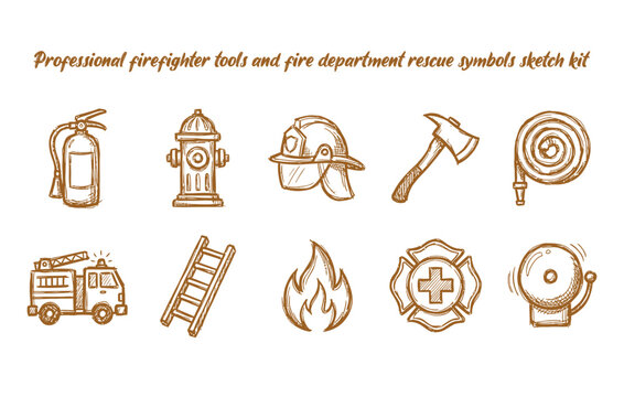 Professional firefighter tools and fire department rescue symbols sketch kit