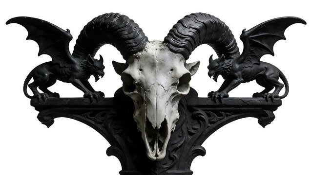 A ram's skull with horns curving upwards, containing a gargoyle statue.