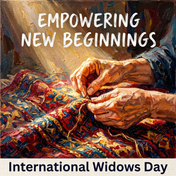 Postcard for International Widows Day with oil painting of hands sewing fabric text Empowering New Beginnings.
