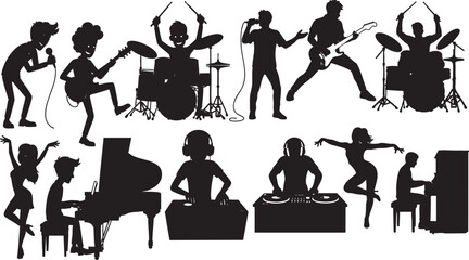 Musicians and dancers performing on stage, silhouette set. © khan