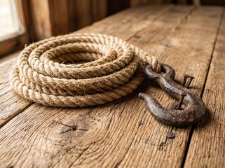 Obraz premium Coiled rope and metal shackle on rustic wooden surface