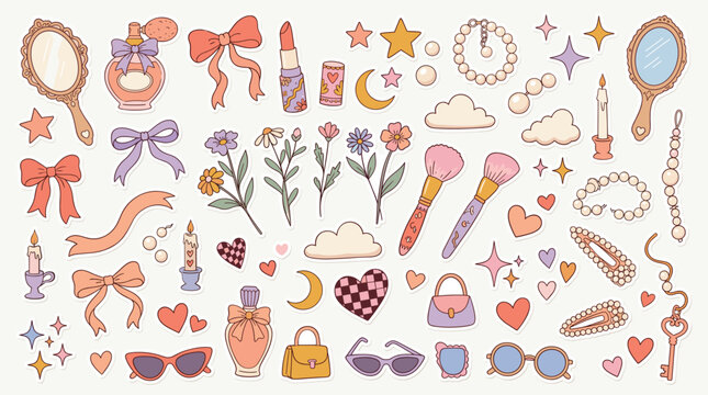 Retro coquette aesthetic vector elements, vintage feminine fashion icons set, pastel pink and purple beauty accessories, hand drawn girly clipart
