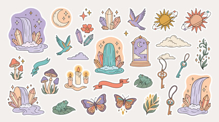Mystical celestial sticker set, bohemian magic icons with crystals and waterfalls, aesthetic occult vector elements for planners and journals © DesignAura