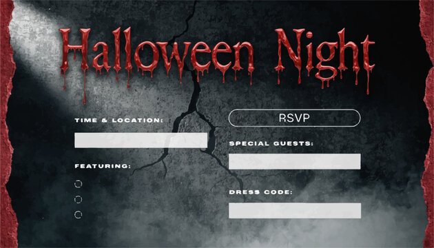 Halloween night party invitation template with RSVP time location and dress code fields