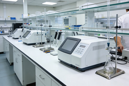 Modern laboratory equipment with scientific instruments and glassware on a clean workbench